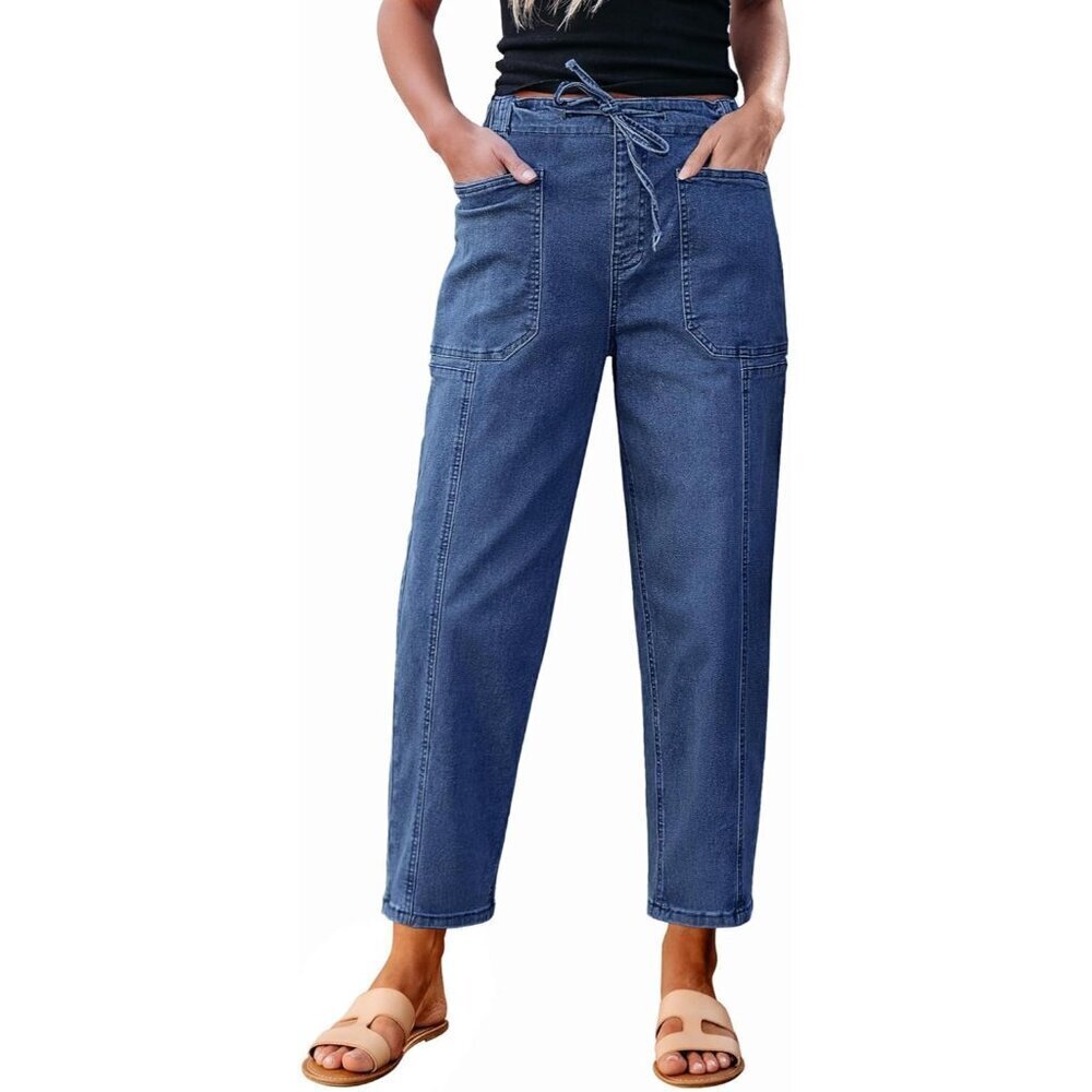 Women's High Waisted Drawstring Cargo Jeans Stretch Cotton Blend Casual